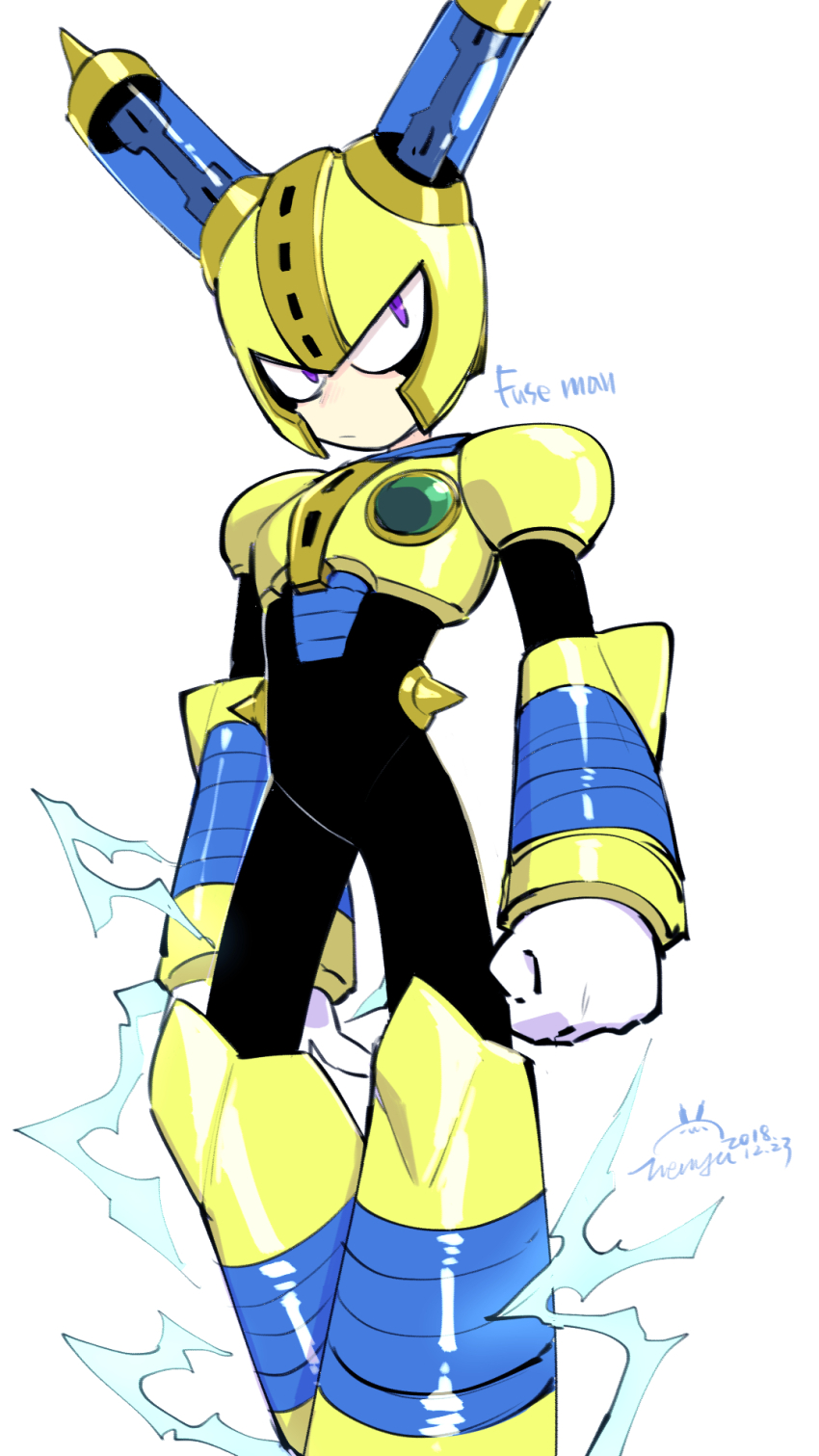 1boy android armor black_bodysuit bodysuit breastplate clenched_hand closed_mouth electricity feet_out_of_frame fuse fuse_man gloves helmet highres joints looking_to_the_side male_focus mega_man_(classic) mega_man_(series) mega_man_11 purple_eyes robot robot_joints shoulder_armor simple_background solo solo_focus standing vambraces wenyu white_background white_gloves yellow_armor yellow_headwear