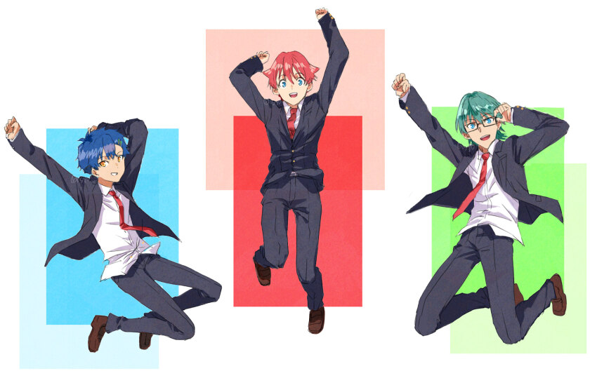 3boys asanaka_yomogi black_hair black_suit blue_eyes blue_hair collared_shirt formal_clothes glasses gridman_universe gridman_universe_(movie) hair_ornament hairclip hibiki_yuuta highres jacket long_sleeves looking_at_viewer multiple_boys necktie open_mouth pant_suit pants red_hair risyo shirt short_hair smile suit suit_jacket utsumi_shou white_shirt yellow_eyes