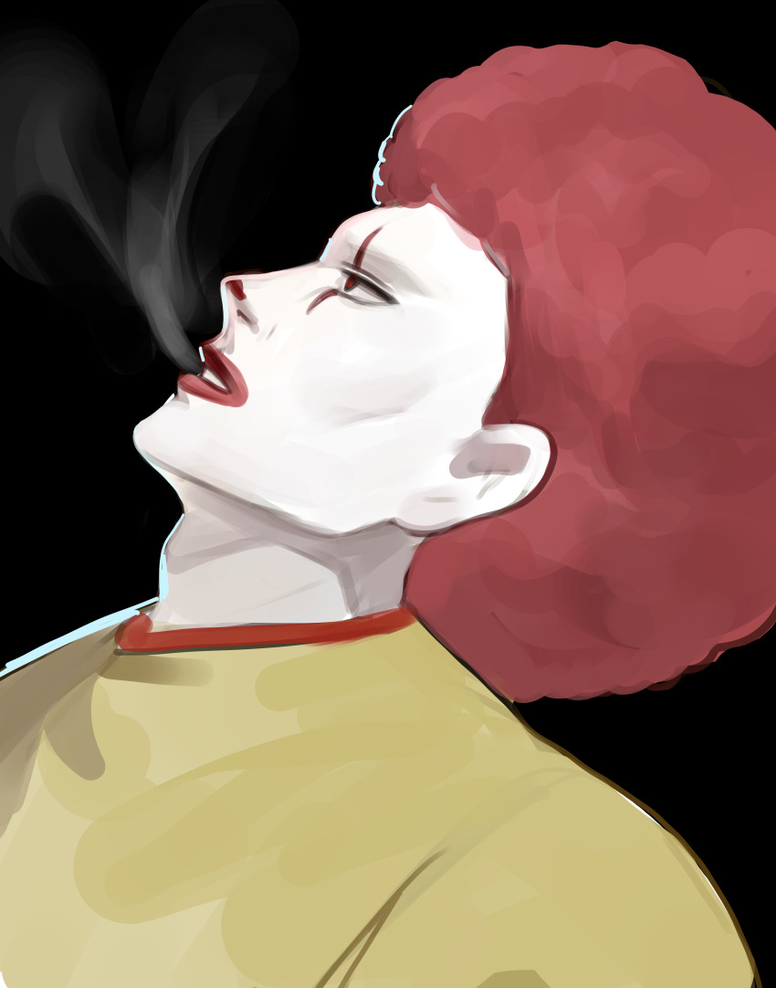 1boy absurdres afro black_background clown clown_boy commentary_request dokomon facepaint from_side highres korean_commentary looking_up male_focus mcdonald&#039;s parted_lips profile red_eyes red_hair red_lips ronald_mcdonald shirt simple_background smoke solo upper_body yellow_shirt