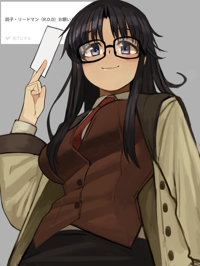 1girl between_fingers black-framed_eyewear black_hair blue_eyes blush_stickers breasts brown_coat brown_shirt brown_vest closed_mouth coat collared_shirt from_below glasses grey_background hand_up highres holding holding_paper long_hair long_sleeves looking_at_viewer looking_down medium_breasts michibata_anko necktie open_clothes open_coat paper read_or_die red_necktie shirt smile solo vest wide_sleeves yomiko_readman