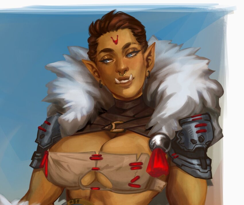 1girl aeltyj ahohako_(theladydanica) armor blue_eyes breasts brown_hair cleavage colored_skin face_piercing facial_mark female_orc forehead_mark green_skin highres nose_piercing nose_ring orc original pauldrons piercing pointy_ears portrait short_hair shoulder_armor solo tusks