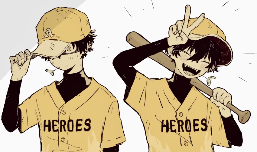 1boy ^_^ achichikairo bad_id bad_twitter_id baseball_bat baseball_cap baseball_uniform closed_eyes clothes_writing fangs hair_between_eyes hand_on_headwear hand_up hat highres holding holding_baseball_bat inactive_account limited_palette long_sleeves male_focus mouth_hold multiple_views nijisanji open_mouth saiki_ittetsu shirt short_hair short_sleeves smile sportswear stalk_in_mouth upper_body v virtual_youtuber