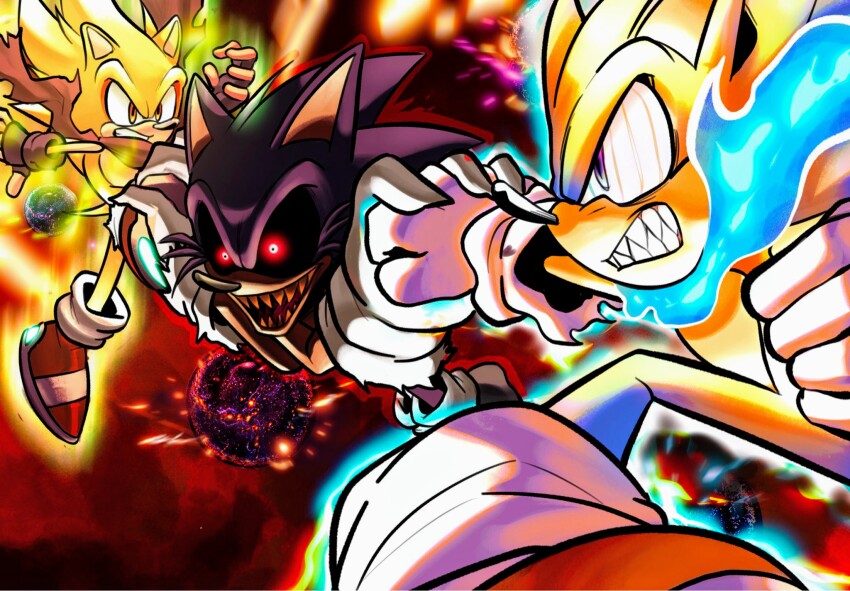 3boys angry black_sclera blocking_attack blocking_punch blue_flames colored_sclera fleetway_super_sonic fighting fingerless_gloves gloves highres im_lazy_sheck_lol lord_x_(sonic.exe) multiple_boys open_mouth planet punching red_eyes sharp_teeth smile sonic.exe sonic_(series) sonic_the_comic sonic_the_hedgehog space super_sonic teeth white_gloves
