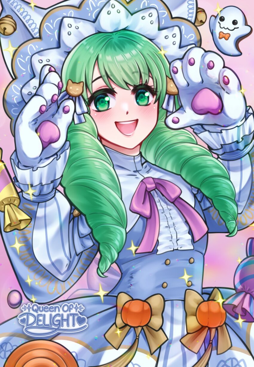 1girl animal_ears animal_hands blue_dress cat_ears cat_girl cat_paws dress fire_emblem fire_emblem:_three_houses fire_emblem_heroes flayn_(fire_emblem) flayn_(halloween)_(fire_emblem) gloves hair_ornament hairclip halloween halloween_costume highres nintendo official_alternate_costume open_mouth queenofdelight skirt smile solo turtleneck