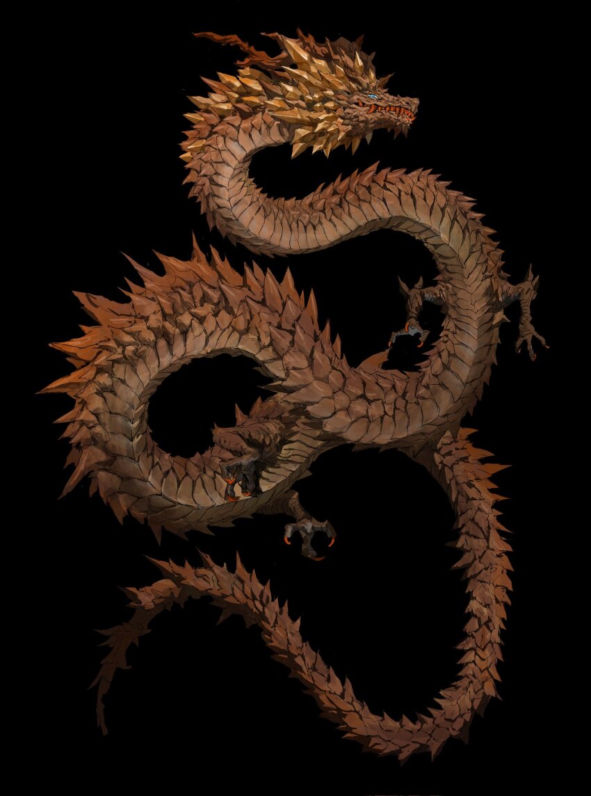 animal_focus antlers black_background blue_eyes claws clenched_teeth colored_teeth dragon eastern_dragon from_side full_body half-closed_eyes highres horns looking_at_viewer monster no_humans orange_teeth original profile scales sharp_teeth simple_background solo spikes teeth xiaopizi32439