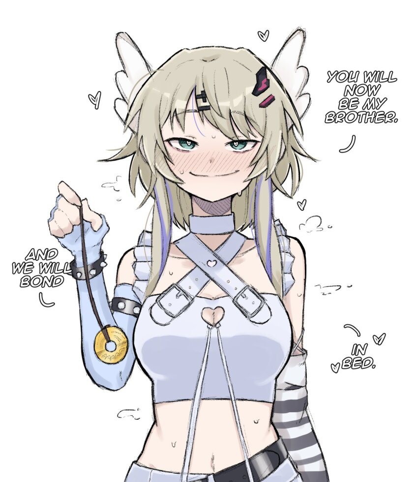 1girl aqua_eyes blonde_hair breasts cleavage_cutout clothing_cutout copyright_request english_text heart_cutout highres holding holding_pendulum hypnosis hypnotizing_viewer large_breasts medium_hair midriff mind_control navel pendulum phase_connect rinkou_ashelia rinkou_ashelia_(lia_3.0) sidelocks simple_background smile tagme virtual_youtuber white_background zlix0n