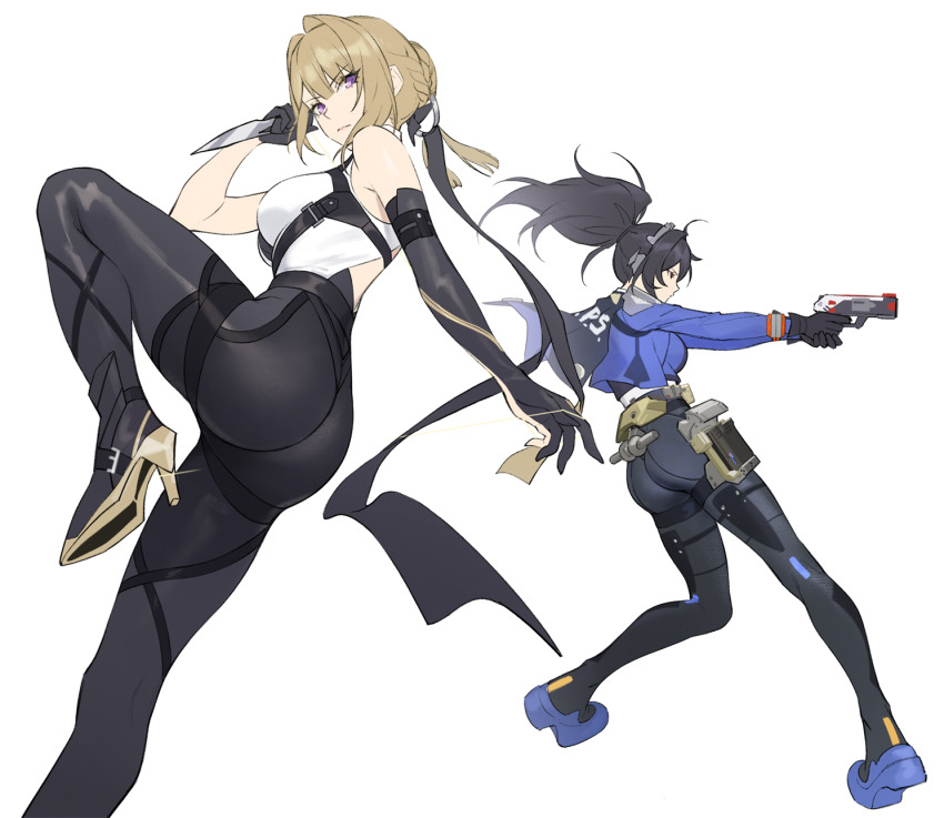 2girls ass black_hair black_pants blue_jacket blue_shoes breasts chest_harness dagger evelyn_chevalier gun handlebar harness high-waist_pants high_heels highres holding holding_dagger holding_gun holding_knife holding_weapon holster jacket knee_up knife large_breasts metal_hairband multiple_girls pants police police_uniform policewoman ponytail purple_eyes red-d shoes shoulder_holster simple_background tight_clothes tight_pants weapon white_background zenless_zone_zero zhu_yuan