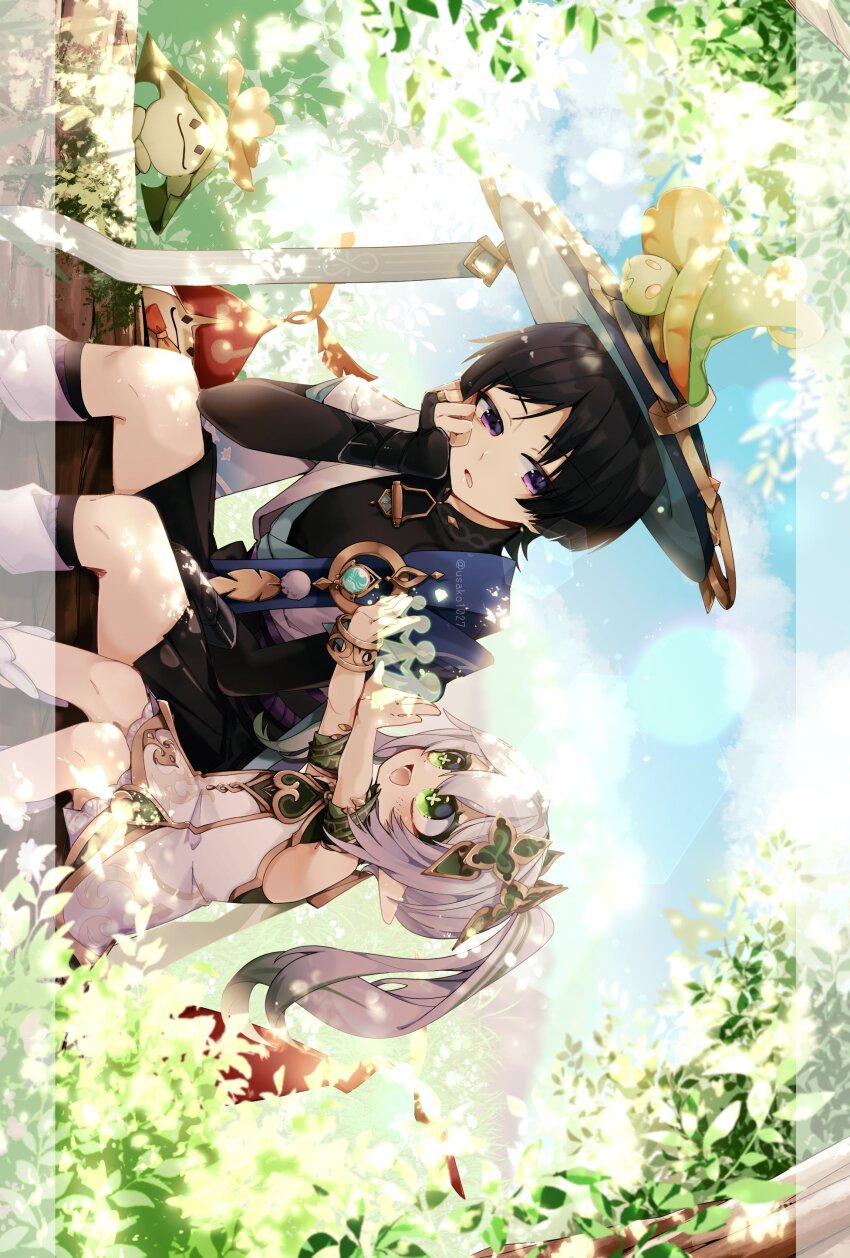 1boy 1girl absurdres anemo_symbol_(genshin_impact) animal_print aranara_(genshin_impact) arm_on_thigh armlet armor bird_print black_bodysuit black_bridal_gauntlets black_hair black_leggings black_shorts bloomers blue_cape blue_gemstone blue_hat blue_kimono blue_sky blue_sleeves blunt_ends bodysuit border bracelet bridal_gauntlets cape cat&#039;s_cradle clenched_hand cloud cloudy_sky creature_on_head cross-shaped_pupils detached_sleeves dress elbow_on_thigh feathers forest fungi_(genshin_impact) furisode gem genshin_impact gold gold_ring gold_trim green_eyes green_hair green_sleeves grey_hair hair_between_eyes hair_ornament hakama hakama_shorts han&#039;eri hand_on_own_face hat head_rest heart heart_hair_ornament highres japanese_armor japanese_clothes jewelry jingasa kimono knees_together_feet_apart kote kurokote layered_kimono layered_sleeves leg_warmers leggings long_hair looking_at_another mandarin_collar middle_ring multicolored_hair nahida_(genshin_impact) nature open_clothes open_hands open_kimono open_mouth outdoors outstretched_arms pillarboxed pleated_shorts pom_pom_(clothes) purple_eyes scaramouche_(genshin_impact) short_sleeves shorts side_ponytail sidelocks sideways sideways_glance sitting sitting_on_branch sky streaked_hair symbol-shaped_pupils tareme transparent_border tsurime twitter_username underwear usako_(usako1031) vision_(genshin_impact) wanderer_(genshin_impact) white_bloomers white_border white_dress white_kimono white_leg_warmers white_sleeves white_trim yellow_feathers yellow_pupils
