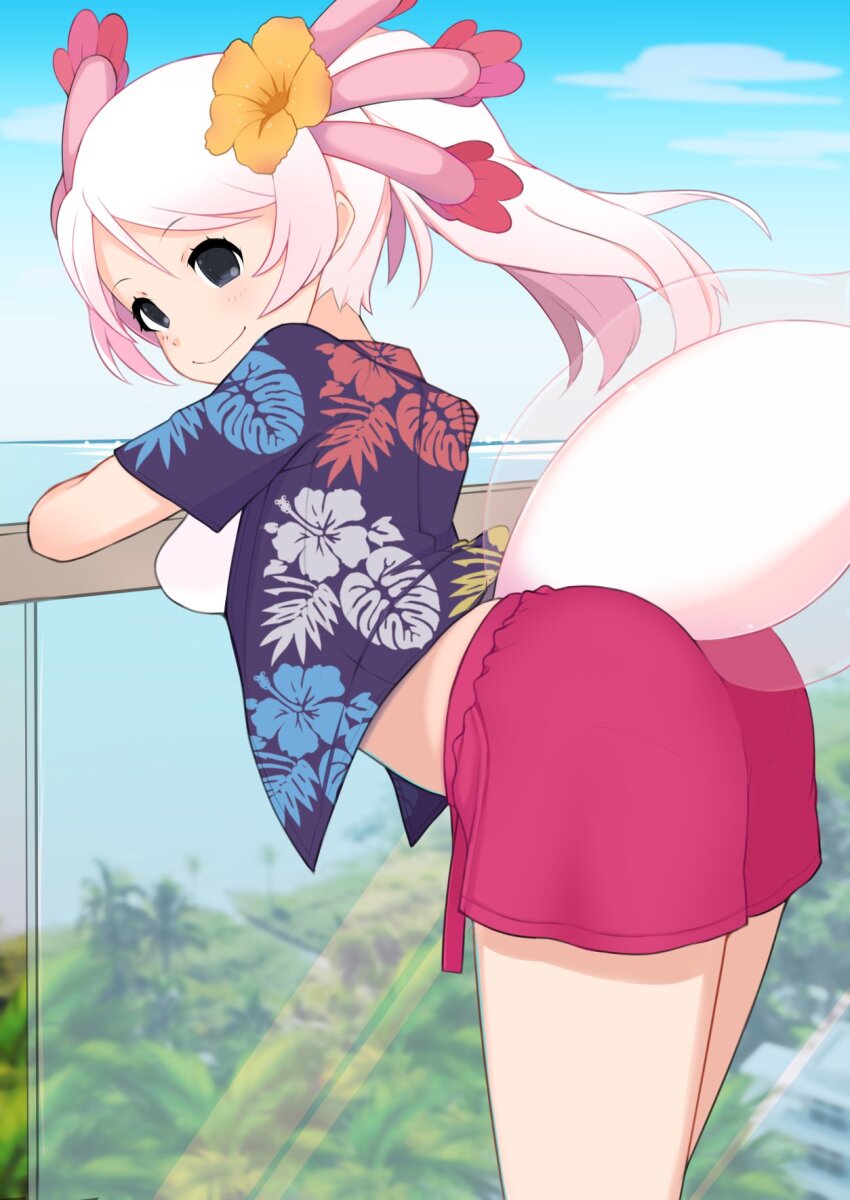 1girl alternate_costume alternate_hairstyle blush casual cowboy_shot flower grey_eyes hair_flower hair_ornament hawaiian_shirt highres illu_(illu_stratos) jacket kemono_friends lizard_tail long_hair looking_to_the_side mexico_salamander_(kemono_friends) midriff open_clothes open_jacket pink_hair pink_shorts ponytail reptile_girl shirt shorts smile solo symbol-shaped_pupils tail white_hair white_shirt