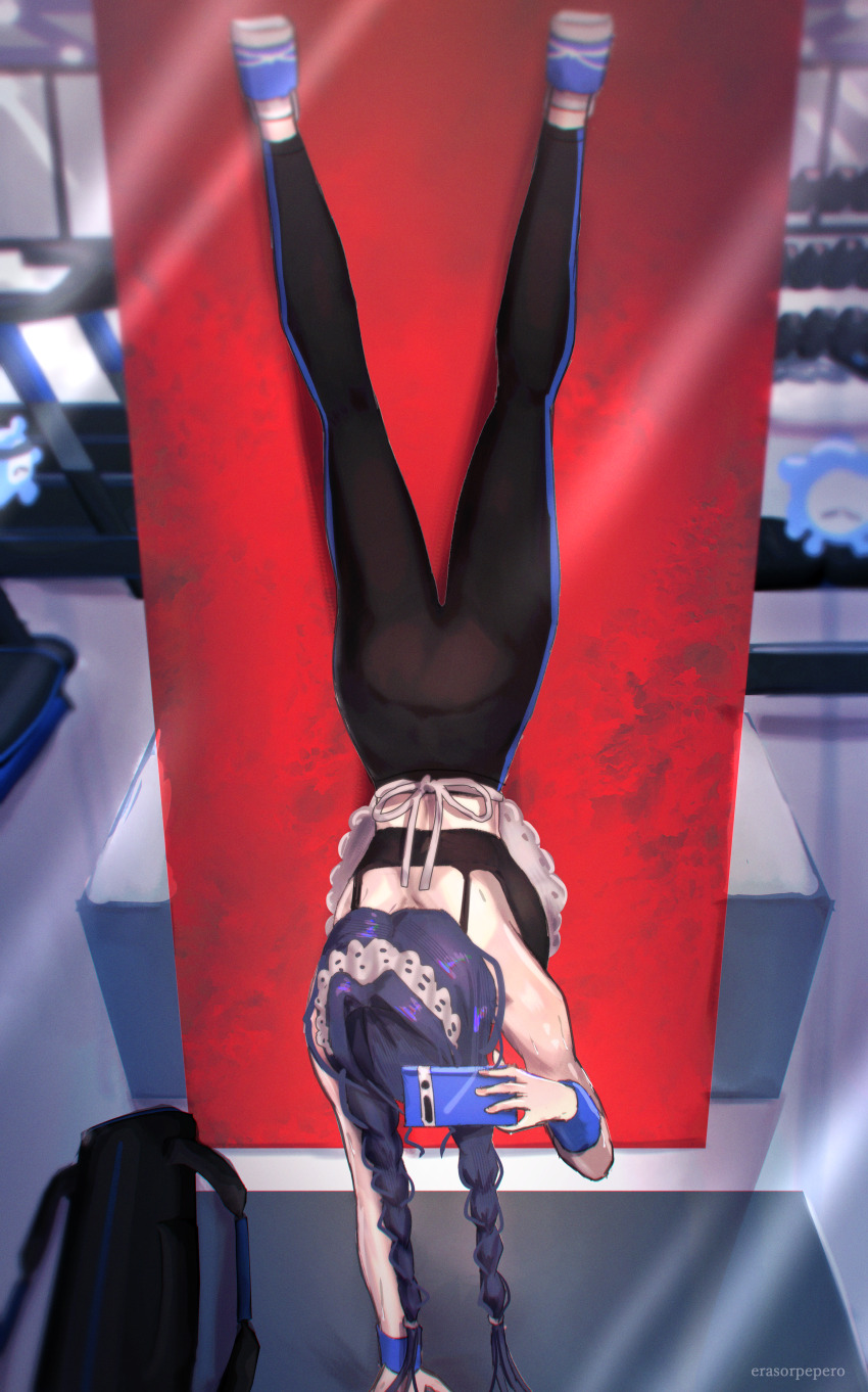 1girl absurdres apron ass black_hair black_pants braid dumbbell erasorpepero gym handstand highres hololive hololive_english indoors kronie_(ouro_kronii) long_hair low_twin_braids maid_apron maid_headdress mirror official_alternate_hairstyle one_arm_handstand ouro_kronii ouro_kronii_(maid) pants selfie solo_focus twin_braids virtual_youtuber white_apron yoga_pants