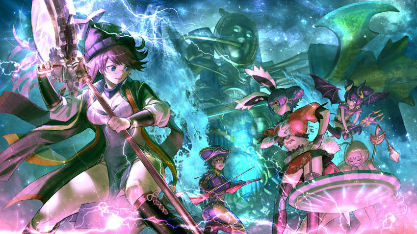 5girls andromalius_(megido72) animal_ears antenna_hair astaroth_(megido72) asymmetrical_legwear belt black_choker black_hair black_legwear black_shorts blue_jacket boots breasts brown_hair cape choker crop_top cutoffs demon_girl demon_tail demon_wings dress electricity epaulettes fake_animal_ears frilled_shirt frills fur-trimmed_cape fur_trim gears glasses gloves gold_trim grin hat hat_feather highres holding holding_staff holding_sword holding_weapon imp_(megido72) jacket jumping machinery magic matador megido72 minoson_(megido72) monocle multiple_girls nishioka_tomozou panties pants pantyshot purple_gloves purple_hair purple_legwear red_shirt shirt short_hair short_sleeves shorts smile staff sword tail thighhighs twintails underboob underwear weapon wings zagan_(megido72)