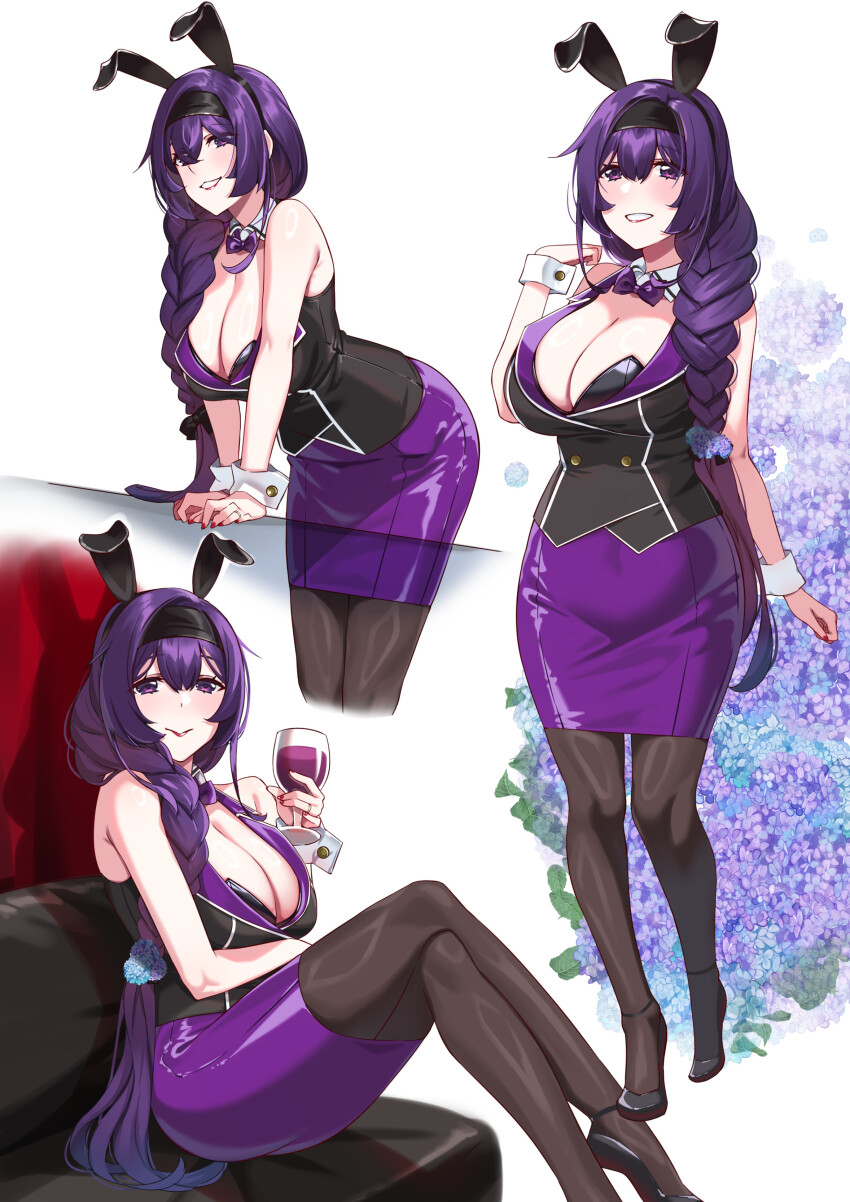 1girl absurdres animal_ears bare_shoulders black_pantyhose black_vest blush bow bowtie breasts bunny_garden buttons cleavage collared_vest cosplay detached_collar double-breasted fake_animal_ears hair_ornament hair_ribbon hie_(hiememiko) hiememiko highres hostess large_breasts long_hair looking_at_viewer nontraditional_playboy_bunny open_mouth original pantyhose purple_eyes purple_hair rabbit_ears ribbon skirt smile solo very_long_hair vest wrist_cuffs