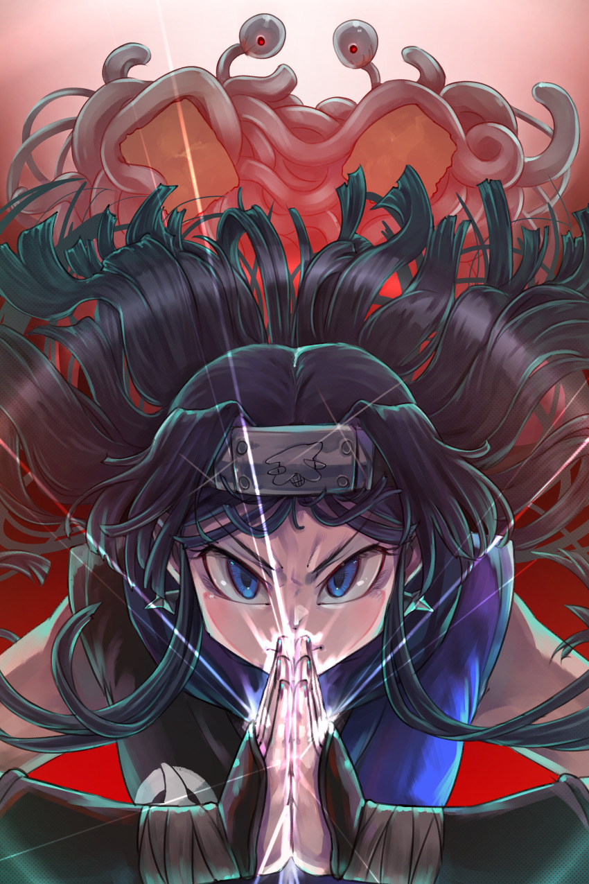 1girl absurdres arm_guards black_hair blue_eyes closed_mouth commentary english_commentary floating_hair flying_spaghetti_monster food forehead_protector headband highres hold111 idolmaster idolmaster_million_live! idolmaster_million_live!_theater_days light_rays long_hair looking_at_viewer mogami_shizuka ninja noodles own_hands_together serious sleeveless