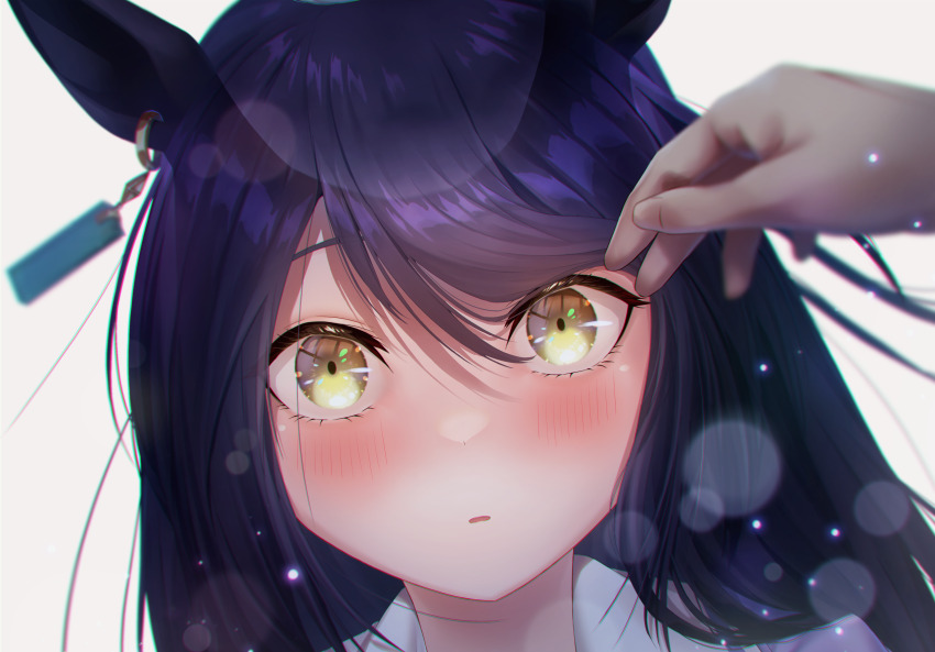 1girl 1other absurdres animal_ears black_hair blush earrings highres horse_ears jewelry lens_flare long_hair looking_at_viewer manhattan_cafe_(umamusume) out_of_frame parted_lips portal_(object) portrait reo-illust4696 shirt single_earring solo straight-on umamusume yellow_eyes