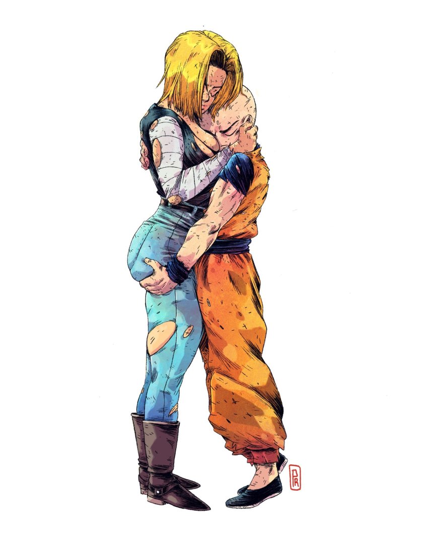 1boy 1girl android_18 ass ass_grab ass_support bald between_breasts black_footwear blonde_hair boots breast_smother breasts brown_footwear commentary couple cowboy_boots denim dirty dirty_clothes dougi dragon_ball dragonball_z english_commentary face_to_breasts flats french_commentary head_between_breasts height_difference highres hug jeans kuririn medium_breasts mixed-language_commentary no_bra pants parted_hair prince_rours tiptoes torn_clothes torn_jeans torn_pants torn_sleeves