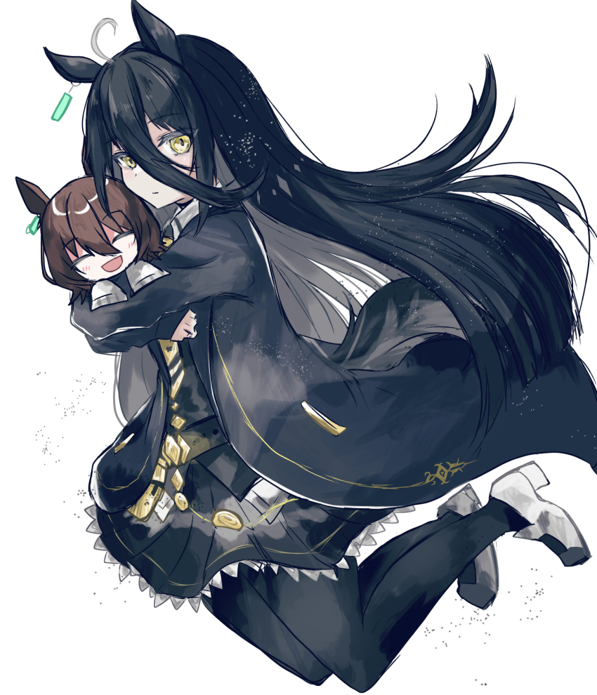 1girl agnes_tachyon_(umamusume) ahoge animal_ears belt black_belt black_coat black_pantyhose black_shirt black_skirt blush chibi closed_eyes closed_mouth coat collared_shirt doll dust ear_tag earrings expressionless hair_between_eyes high_heels highres holding holding_stuffed_toy horse_ears horse_girl horse_tail jewelry jumping long_bangs long_hair long_hair_between_eyes long_sleeves looking_at_viewer manhattan_cafe_(umamusume) necktie open_clothes open_coat open_mouth pantyhose pleated_skirt shirt simple_background single_earring skirt smile solo_focus stuffed_toy tail umamusume very_long_hair white_background white_hair white_high_heels yellow_necktie yoake_(yoake_04)