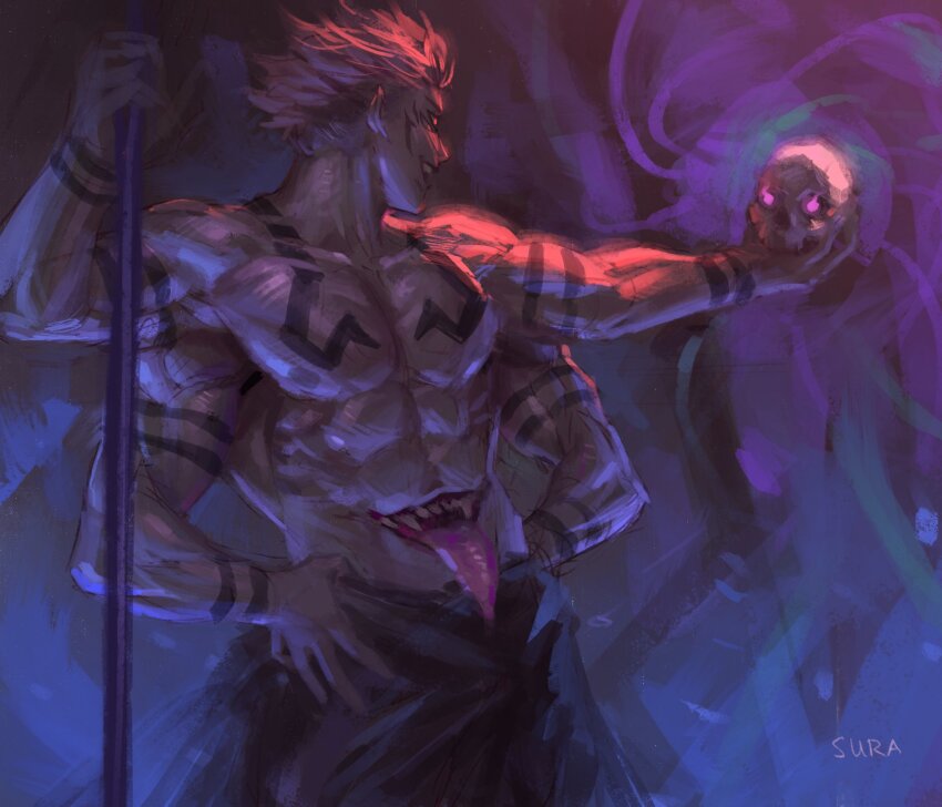 1boy arm_tattoo chest_tattoo cowboy_shot extra_arms extra_eyes extra_mouth facial_tattoo fangs forehead_tattoo four_eyes from_side glowing glowing_eyes hands_on_own_hips hands_up highres holding holding_polearm holding_skull holding_weapon jujutsu_kaisen male_focus muscular muscular_male open_mouth pink_hair polearm profile purple_background purple_eyes purple_light red_eyes ryoumen_sukuna_(jujutsu_kaisen) sharp_teeth short_hair skull smile solo spiked_hair stomach_mouth suracii tattoo teeth tongue tongue_out topless_male undercut weapon wrist_tattoo