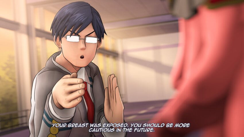 1boy 1girl 3d :o black_hair blurry blurry_background blurry_foreground boku_no_hero_academia clueless collared_shirt english_text greatm8 grey_jacket hands_up hatsume_mei highres iida_tenya jacket necktie pink_hair red_necktie rejection school_uniform shirt short_hair solo_focus subtitled teeth u.a._school_uniform upper_body upper_teeth_only white_shirt