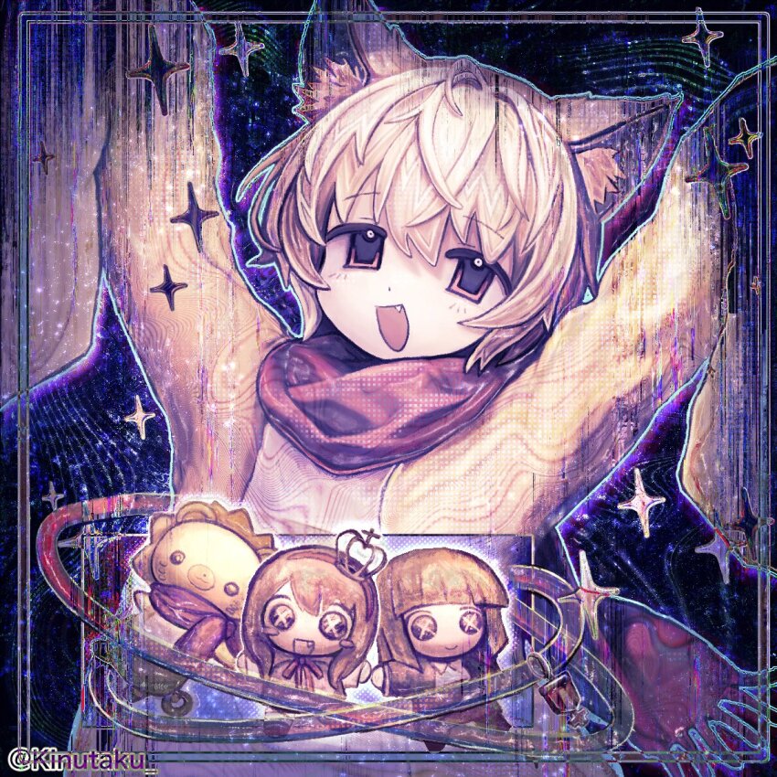 1boy 2girls :d abstract_background animal_ears arms_up artist_name blonde_hair blunt_bangs blush_stickers border chibi crown fang highres kinutaku long_sleeves multiple_girls open_mouth red_scarf sakutarou_(umineko) scarf short_hair smile sparkle stuffed_animal stuffed_lion stuffed_toy umineko_no_naku_koro_ni ushiromiya_ange ushiromiya_maria