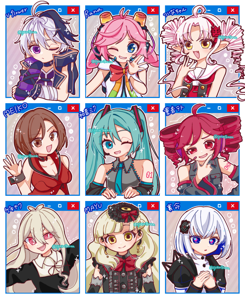 6+girls arm_warmers asymmetrical_gloves bandaged_arm bandages black_hair blonde_hair blue_eyes blue_hair bow braid breasts bright_pupils brown_eyes brown_hair center_frills cevio character_name choker cleavage collared_shirt colored_inner_hair column_lineup commentary_request detached_sleeves drill_hair earpiece fingerless_gloves flower_(vocaloid) flower_(vocaloid4) food food-themed_hair_ornament frills gekiyaku gloves grid_lineup grin hair_ornament hairband hand_on_own_cheek hand_on_own_chin hand_on_own_face hand_on_own_hip hand_up hands_on_own_chest hat hatsune_miku headphones highres kasane_teto long_hair long_sleeves looking_to_the_side mayu_(vocaloid) meiko_(vocaloid) mismatched_gloves multicolored_hair multiple_girls neck_ribbon neckerchief necktie one_eye_closed open_mouth outstretched_arms own_hands_together parted_bangs pink_eyes pink_hair pointy_ears popped_collar pudding purple_eyes rana_(vocaloid) red_eyes ribbon rime_(cevio) sailor_collar sharp_teeth shirt single_arm_warmer sleeveless sleeveless_jacket sleeveless_shirt smile striped_arm_warmers syarutaaaa teeth thick_eyebrows tsuina-chan twin_braids twin_drills twintails utau vocaloid voiceroid waving white_hair window_(computing) wrist_cuffs yellow_eyes
