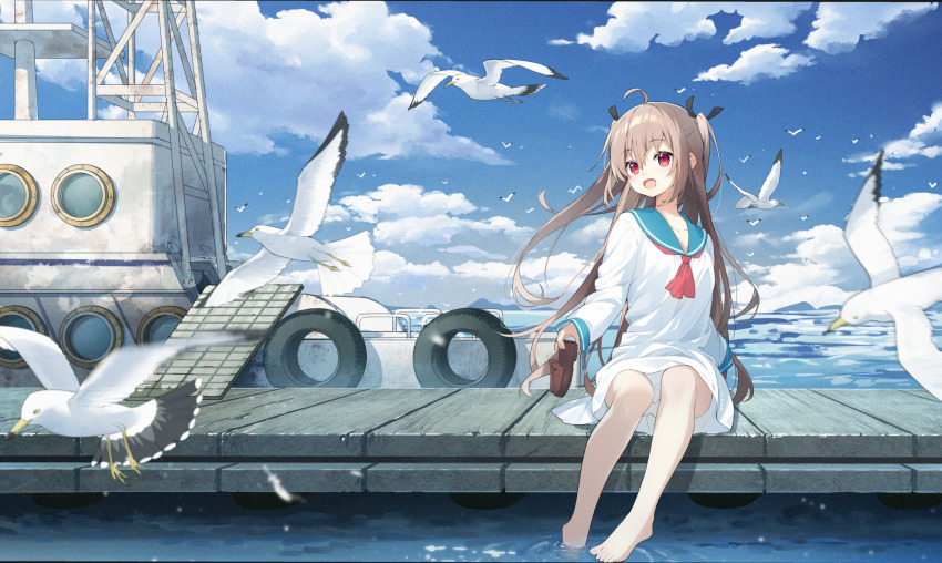 1girl :d ahoge animal atri atri-my_dear_moments- barefoot bird black_ribbon blue_sailor_collar blue_sky boat brown_hair brown_shoes cloud collarbone commentary_request day dress hair_between_eyes hair_ribbon highres holding holding_shoes loafers long_hair long_sleeves looking_at_viewer open_mouth outdoors pier red_eyes ribbon sailor_collar sailor_dress seagull shiraki_shiori shoes sky sleeves_past_wrists smile solo two_side_up unworn_shoes very_long_hair water watercraft white_dress