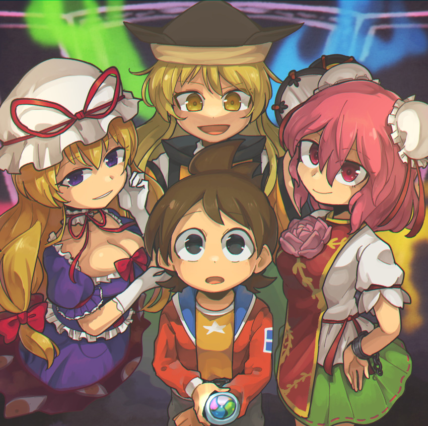1boy 4girls amano_keita blonde_hair commission double_bun dress gloves hair_bun hat highres ibaraki_kasen jiima_tarou looking_at_viewer matara_okina mob_cap multiple_girls pink_hair pixiv_commission puffy_short_sleeves puffy_sleeves purple_dress purple_eyes short_sleeves touhou white_gloves yakumo_yukari youkai_watch