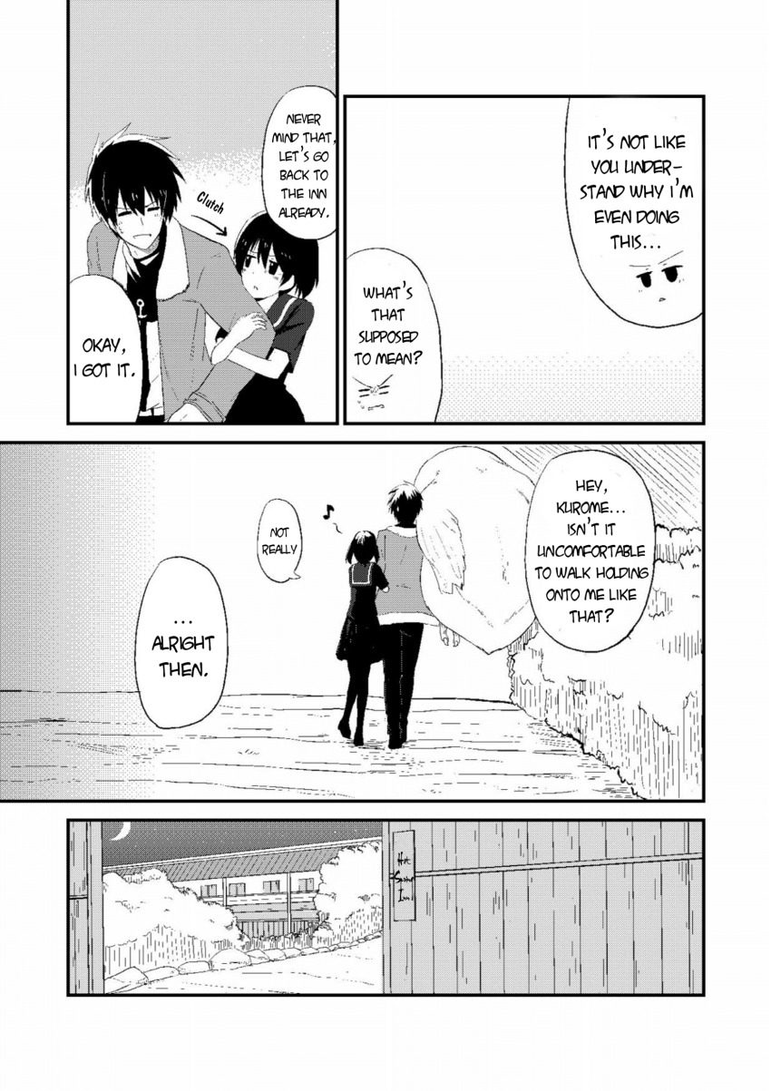 1boy 1girl akame_ga_kill! black_hair comic couple drag009 english_text greyscale highres holding_another&#039;s_arm inn jacket kurome_(akame_ga_kill!) monochrome nature onsen school_uniform spoilers sword translated wave_(akame_ga_kill!) weapon