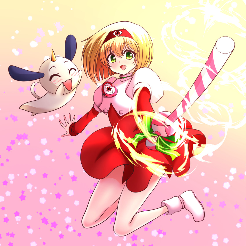 1girl absurdres blonde_hair blush bow bowtie candy candy_cane dai_mahou_touge dress food green_eyes hairband heart highres jumping lie_skeb long_legs looking_at_viewer medium_hair open_mouth paya-tan smile tanaka_punie