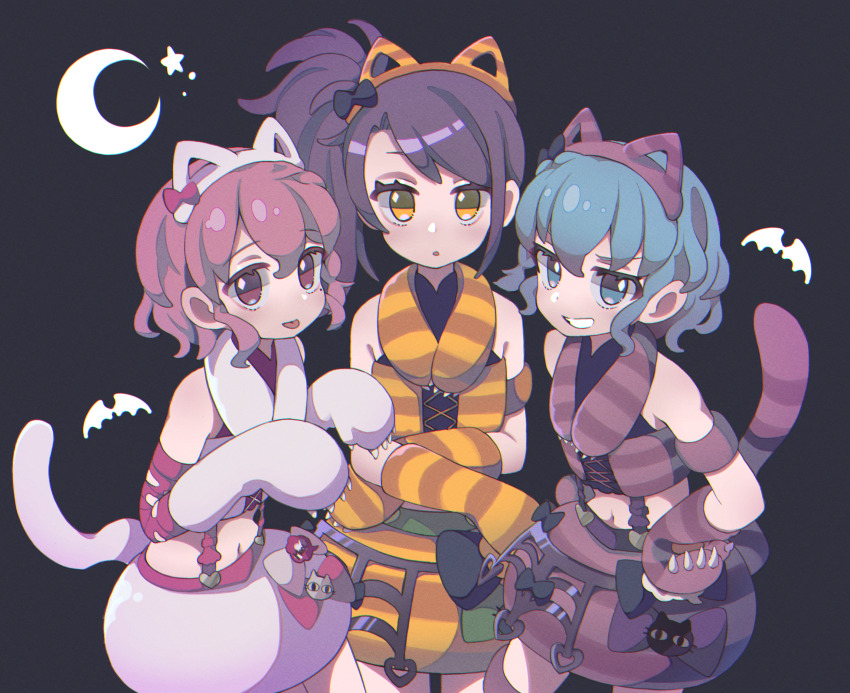 1boy 2girls animal_ears bat_(animal) black_background blue_eyes blue_hair cowboy_shot crescent dorothy_west fake_animal_ears fake_tail halloween_costume highres looking_at_viewer mol_sanagi multiple_girls pink_eyes pink_hair pretty_series pripara purple_hair reona_west short_hair side_ponytail tail toudou_shion trap yellow_eyes