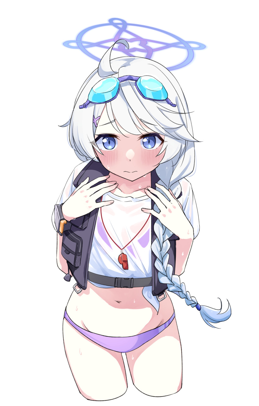 1girl 53c_(ray_cordova) absurdres ahoge bikini bikini_under_clothes blue_archive blue_eyes blush braid closed_mouth collarbone commentary cowboy_shot cropped_legs goggles goggles_on_head grey_hair halo hands_up highres kirino_(blue_archive) kirino_(swimsuit)_(blue_archive) long_hair looking_at_viewer no_pants purple_bikini see-through_clothes shirt short_sleeves simple_background single_braid solo swimsuit very_long_hair wet wet_clothes wet_shirt whistle whistle_around_neck white_background white_shirt