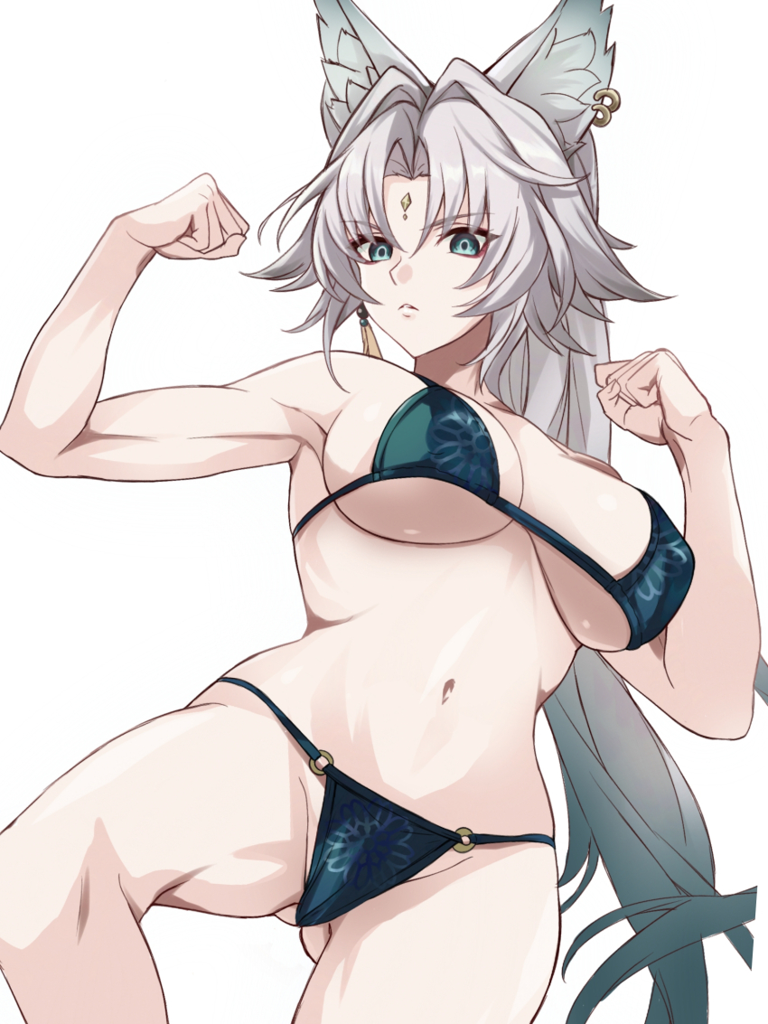 1girl animal_ear_piercing animal_ears bikini black_bikini breasts cleavage closed_mouth feixiao_(honkai:_star_rail) fox_ears fox_girl grey_eyes highres honkai:_star_rail honkai_(series) large_breasts long_hair looking_at_viewer navel ponytail saint_laurent_paris solo swimsuit very_long_hair white_background