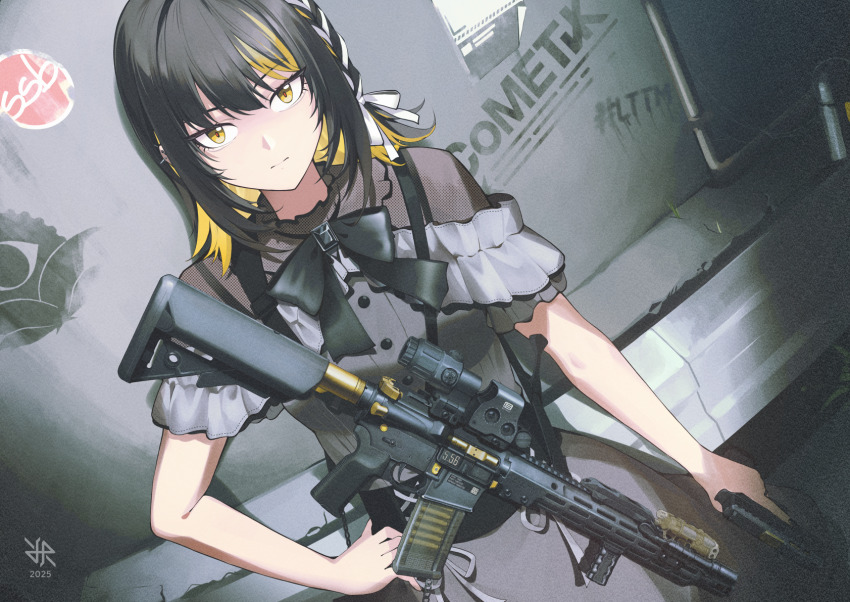1girl 2025 ar-15 black_bow black_hair black_nails blonde_hair blonde_streaks blush bodystocking bow bowtie braid breasts buttons check_weapon closed_mouth collar commentary cowboy_shot dated dress dutch_angle ear_piercing english_commentary eotech expressionless film_grain fishnet_bodystocking fishnets flashlight frilled_collar frilled_dress frilled_sleeves frills geissele_urg-i graffiti grass grey_dress gun gun_sling hand_on_own_hip handgun highres hiroki_ree idolmaster idolmaster_shiny_colors ikaruga_luca industrial_pipe jewelry laser_sight logo looking_at_viewer magazine_(weapon) medium_breasts medium_hair multicolored_hair muzzle_device optical_sight piercing poster_(object) rifle short_sleeves sig_p220/p226 sig_sauer sight_magnifier signature single_braid solo spiked_ear_piercing standing streaked_hair trigger_discipline two-tone_hair vertical_foregrip weapon weapon_request white_bow yellow_eyes