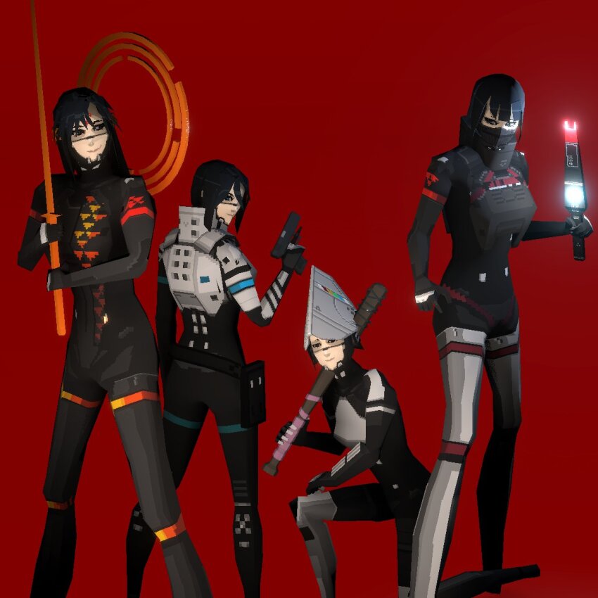 4girls android ara_(signalis) armor barbed_wire baseball_bat baton_(weapon) belt_pouch black_hair bob_cut commentary cyberpunk digitigrade elster_(signalis) english_commentary face_shield facial_mark falke_(signalis) glock gun halo handgun highres holding holding_baseball_bat holding_baton_(weapon) holding_sword holding_weapon joetastic katana kneeling lgbt_pride long_hair longsword_glock_bat_taser_(meme) looking_back mask mechanical_arms mechanical_halo mechanical_legs meme mouth_mask multiple_girls pouch red_theme science_fiction short_hair sierpinski_triangle signalis simple_background smirk star_(signalis) sword tall_female trans_day_of_visibility trigger_discipline weapon
