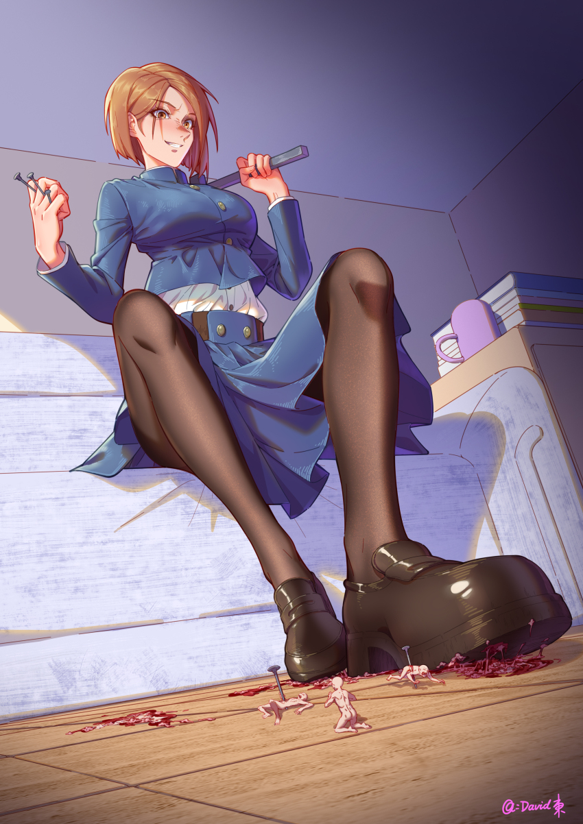 1girl absurdres artist_name blood brown_footwear brown_hair coffee_mug couch crazy_smile cup daviddong death foot_focus from_below guro hammer highres jujutsu_kaisen jujutsu_tech_uniform kugisaki_nobara loafers looking_down mini_person miniboy mug multiple_boys nail_(hardware) shirt shoes short_hair skirt smile white_shirt wooden_floor