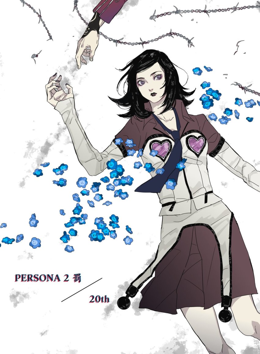 amano_maya atlus bayu_(uyab003) black_hair chain flower highres lipstick makeup nail_polish necktie persona persona_2 skirt suou_tatsuya thighs zipper