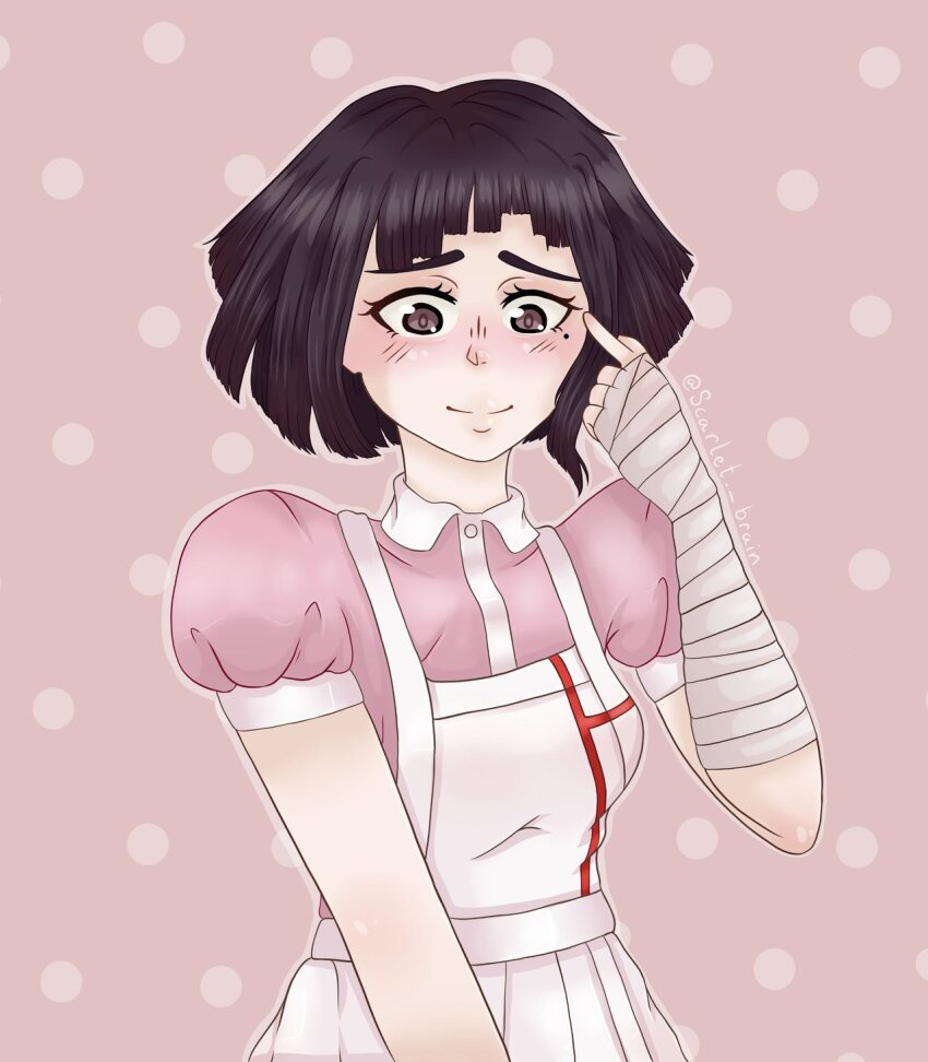 1girl alternate_hair_length alternate_hairstyle apron bandaged_arm bandages blush brown_eyes closed_mouth commentary danganronpa_(series) danganronpa_2:_goodbye_despair english_commentary eyelashes hand_in_own_hair highres instagram_username mole mole_under_eye pink_background pink_shirt polka_dot polka_dot_background purple_hair scarlet_brain shirt short_hair short_sleeves skirt solo tsumiki_mikan upper_body white_apron white_skirt