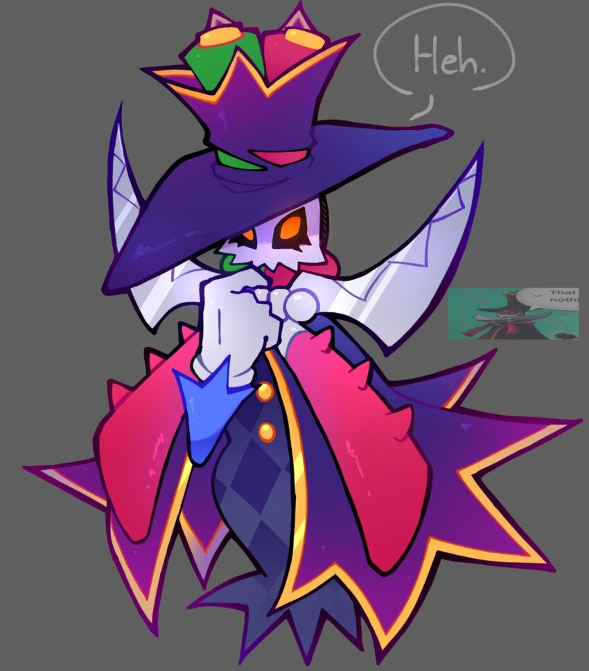 alteredeq cape gloves grey_background hat highres looking_at_viewer mario_&amp;_luigi:_brothership mario_&amp;_luigi_rpg mario_(series) nintendo orange_eyes purple_cape reference_inset simple_background solo top_hat white_gloves zokket