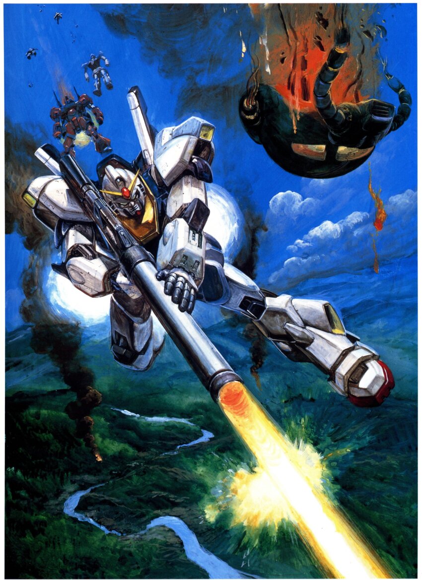 absurdres falling fire firing gundam gundam_mk_ii highres hizack jungle nature official_art rick_dias river rocket_launcher smoke takani_yoshiyuki v-fin water weapon zeta_gundam