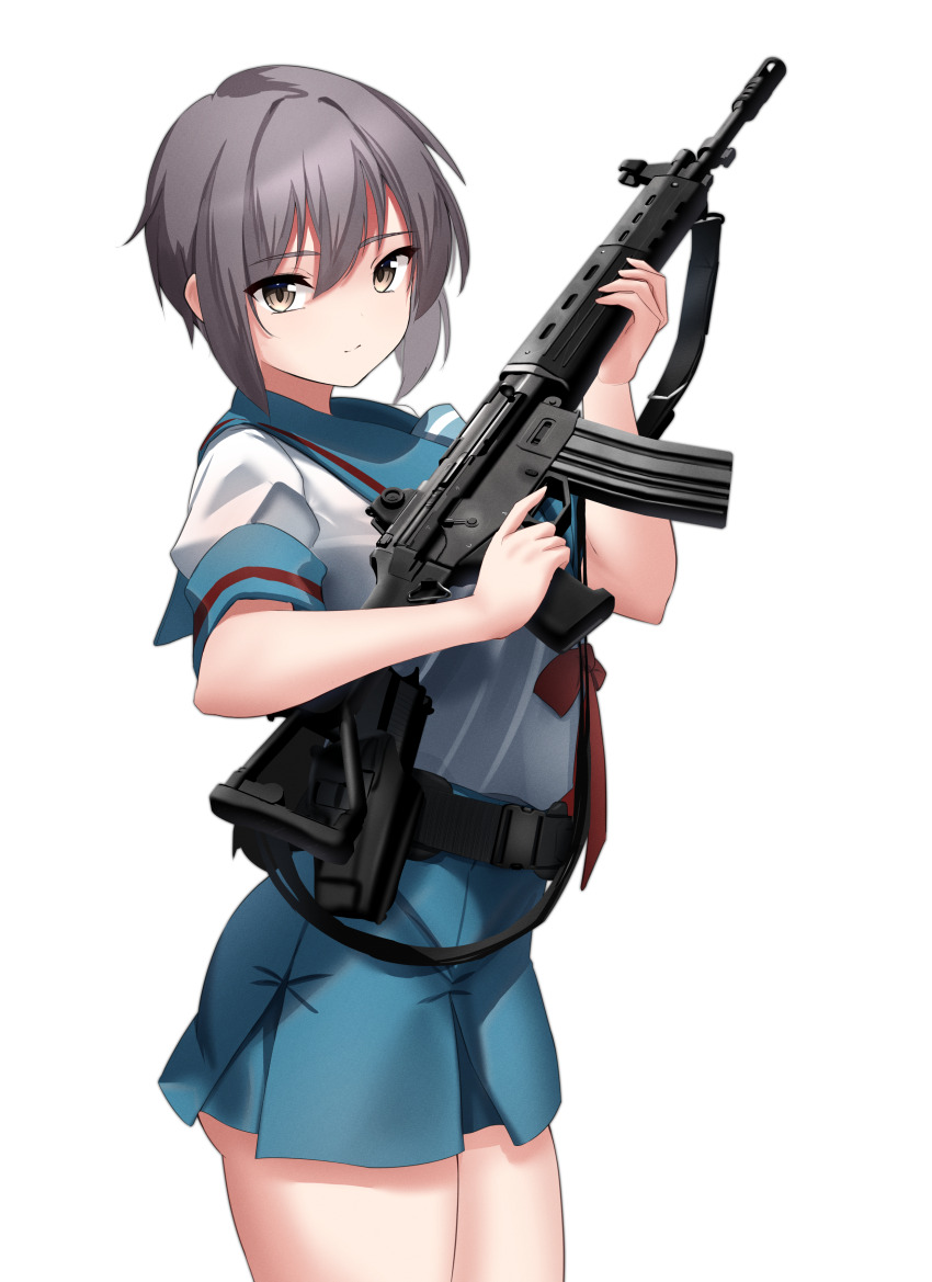 1girl absurdres assault_rifle blue_skirt brown_eyes expressionless grey_hair gun handgun highres holding holding_gun holding_weapon howa_type_89 kita_high_school_uniform looking_at_viewer nagato_yuki rifle rynn_(rynn_cube) school_uniform shirt short_hair sig_p220/p226 sig_sauer skirt solo summer_uniform suzumiya_haruhi_no_yuuutsu thighs trigger_discipline weapon white_background white_shirt