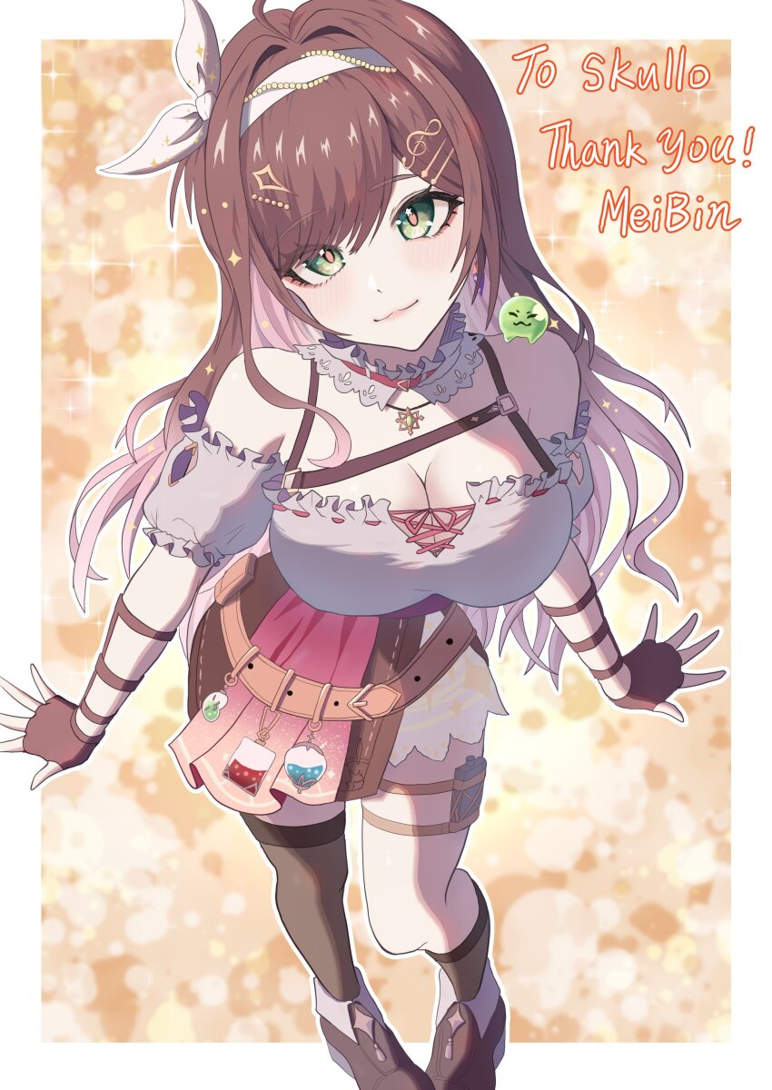 1girl absurdres animal animal_on_shoulder artist_name asymmetrical_legwear belt breasts brown_belt brown_gloves brown_hair cleavage closed_mouth fingerless_gloves flask fortissimo gloves green_eyes hair_ornament highres indie_virtual_youtuber long_hair meibin miori_celesta musical_note musical_note_hair_ornament pleated_skirt second-party_source shoes skirt star_(symbol) star_in_eye symbol_in_eye thank_you thighhighs virtual_youtuber