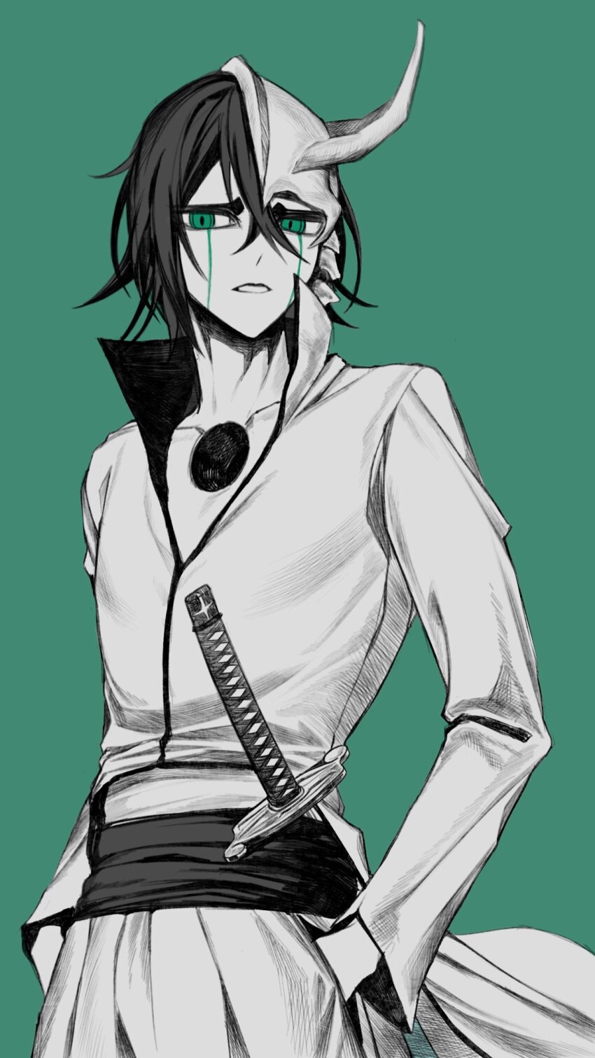 1boy arrancar black_hair black_sash bleach collarbone colored_skin cowboy_shot crossed_bangs demon_horns facial_mark green_background green_eyes hair_between_eyes hakama hands_in_pockets high_collar highres hole_in_chest hole_on_body horns jacket japanese_clothes korean_commentary long_sleeves male_focus mark_under_both_eyes parted_lips sash short_hair simple_background skull_on_head solo standing sword two-sided_fabric two-sided_jacket ulquiorra_cifer weapon white_jacket white_skin wtrfuu