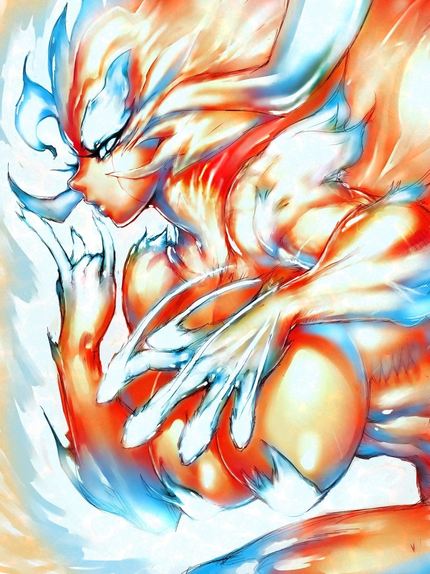1girl alien aura big_hair blue_eyes breasts commentary_request covered_erect_nipples darkstalkers elemental_(creature) energy energy_being female_focus fire fire_elemental flaming_eyes flaming_hair fumio_(rsqkr) gender_request genderswap glowing glowing_eyes hanging_breasts highres huge_breasts large_breasts long_hair looking_at_viewer monster monster_girl muscular muscular_female nude parted_lips pasties plasma pyron sagging_breasts solo