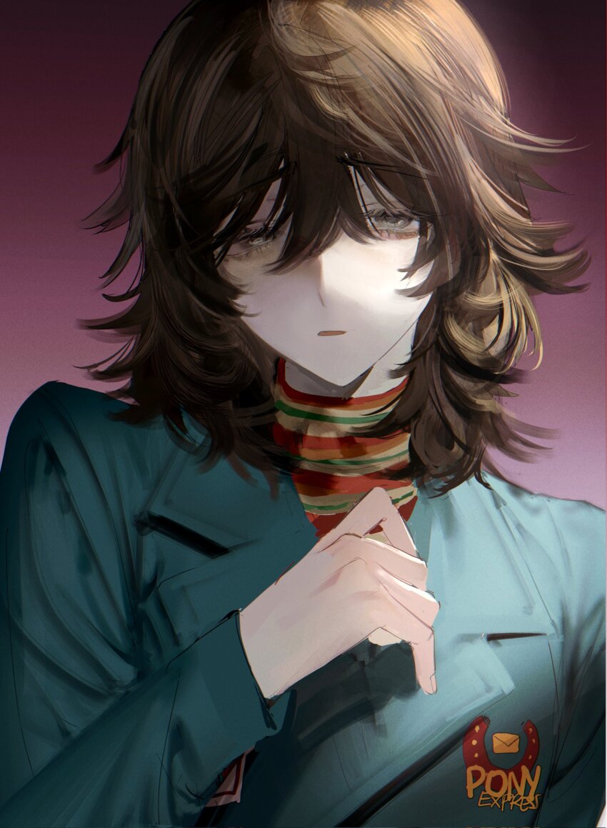 1girl anya_(mouthwashing) aqua_jumpsuit black_eyes black_hair collared_jumpsuit gradient_background hand_up highres long_hair looking_at_viewer medium_hair mouthwashing parted_lips pointy_hair shirt solo striped_clothes striped_shirt upper_body yukinika