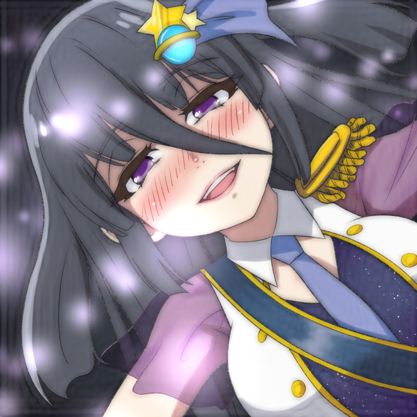 1girl black_background black_hair black_shirt blue_necktie blue_ribbon blush breasts detached_collar epaulettes hair_ornament hair_ribbon highres long_hair looking_at_viewer medium_breasts necktie open_clothes open_mouth open_vest planet_hair_ornament purple_eyes ribbon sash shirt short_sleeves smile standing star_(symbol) star_hair_ornament t_jiroo_(ringofriend) teeth upper_body vest white_vest yamada_tae zombie_land_saga
