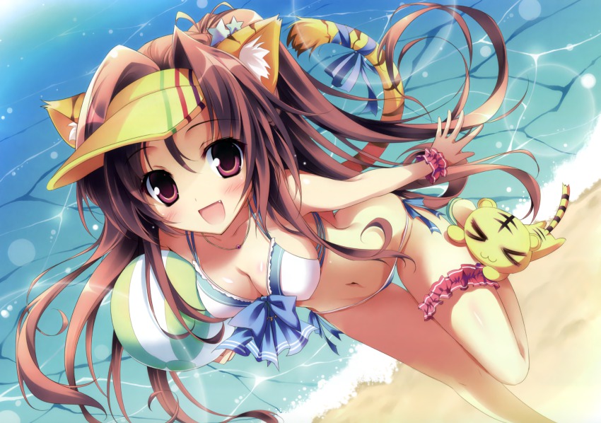 &gt;_&lt; 1girl :3 :d animal_ears ball beach beachball bikini blush breasts cleavage closed_eyes comic_toranoana day dutch_angle fang female_focus frilled_bikini frilled_thigh_strap frills hair_intakes highres karory kotora_(toranoana) long_hair medium_breasts navel ocean open_mouth red_eyes red_hair sand shiny_skin smile solo swimsuit tail thigh_gap thigh_strap tiger tiger_ears tiger_tail very_long_hair visor_cap white_bikini x3