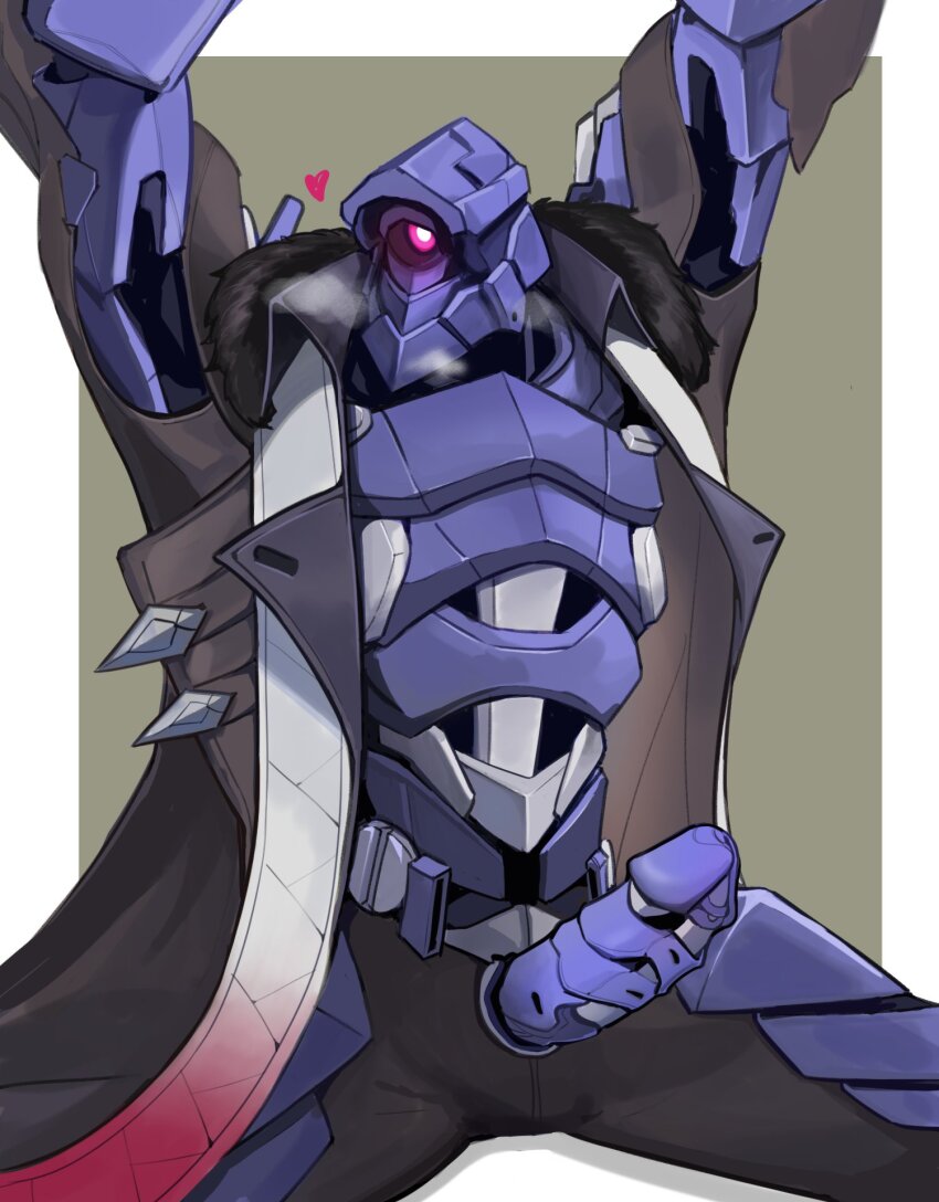 1boy armor arms_up bara blush breath coat erection feet_out_of_frame highres honkai:_star_rail honkai_(series) large_pectorals looking_to_the_side male_focus muscular muscular_male open_clothes open_coat pectorals purple_armor riner_(rinerr_r) robot robot_penis short_hair sitting solo spread_legs svarog_(honkai:_star_rail) uncensored