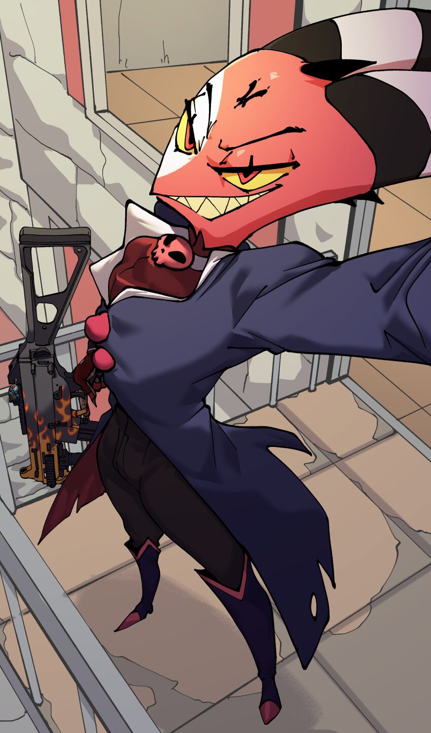 1boy absurdres black_horns black_pants coat colored_sclera commentary counter-strike_(series) counter-strike_2 demon_boy english_commentary full_body grey_coat grin gun h&amp;k_ump helluva_boss highres holding holding_gun holding_weapon horns hugo_(rushbordie) looking_at_viewer male_focus moxxie_(helluva_boss) outdoors pants red_eyes selfie sharp_teeth smile solo standing striped_horns submachine_gun teeth weapon white_horns yellow_sclera