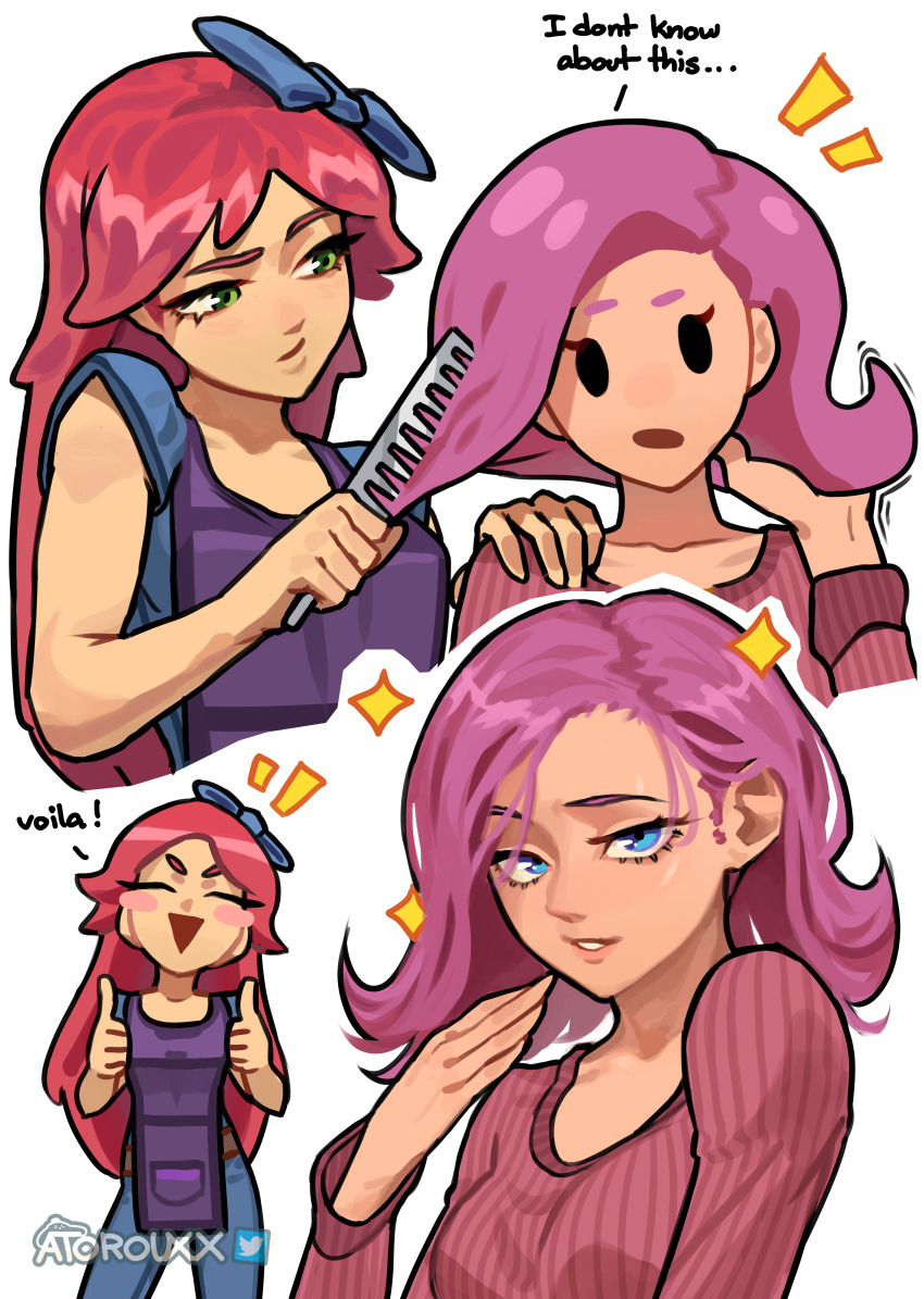 2girls absurdres artist_name atoroux blue_bow blue_eyes blush_stickers bow brushing_another&#039;s_hair brushing_hair closed_eyes double_thumbs_up english_text green_eyes hair_bow hair_brush highres long_hair looking_at_viewer multiple_girls party_girl_(terraria) pink_hair red_hair simple_background stylist_(terraria) sweater terraria thumbs_up white_background