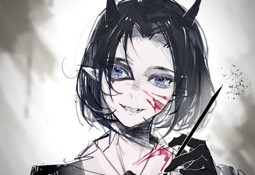 1boy androgynous black_eyeliner blood blood_on_face blue_eyes curtained_hair eyeliner fangs gloves highres holding holding_pen horns jacket jiuyujianbaishi looking_at_viewer mairimashita!_iruma-kun makeup marbas_march open_mouth pen pointy_ears portrait procreate_(medium) shirt short_hair sketch smile solo spot_color