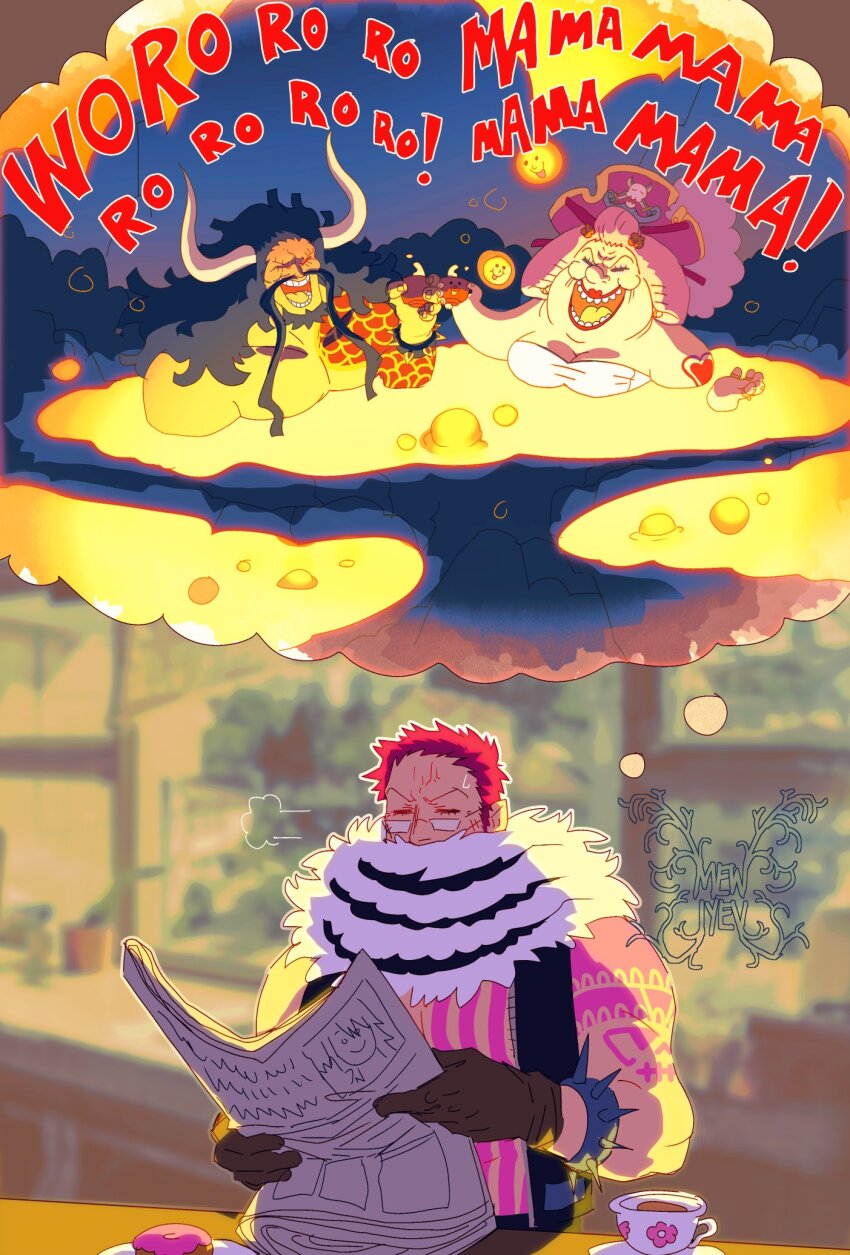 1girl 2boys arm_tattoo black_hair bracelet charlotte_katakuri charlotte_linlin chest_tattoo commentary cup english_commentary glasses gloves highres holding holding_newspaper horns jewelry kaidou_(one_piece) laughing long_hair mewiyev mother_and_son multiple_boys newspaper one_piece pink_hair puff_of_air scarf smile spiked_bracelet spikes tattoo v-shaped_eyebrows